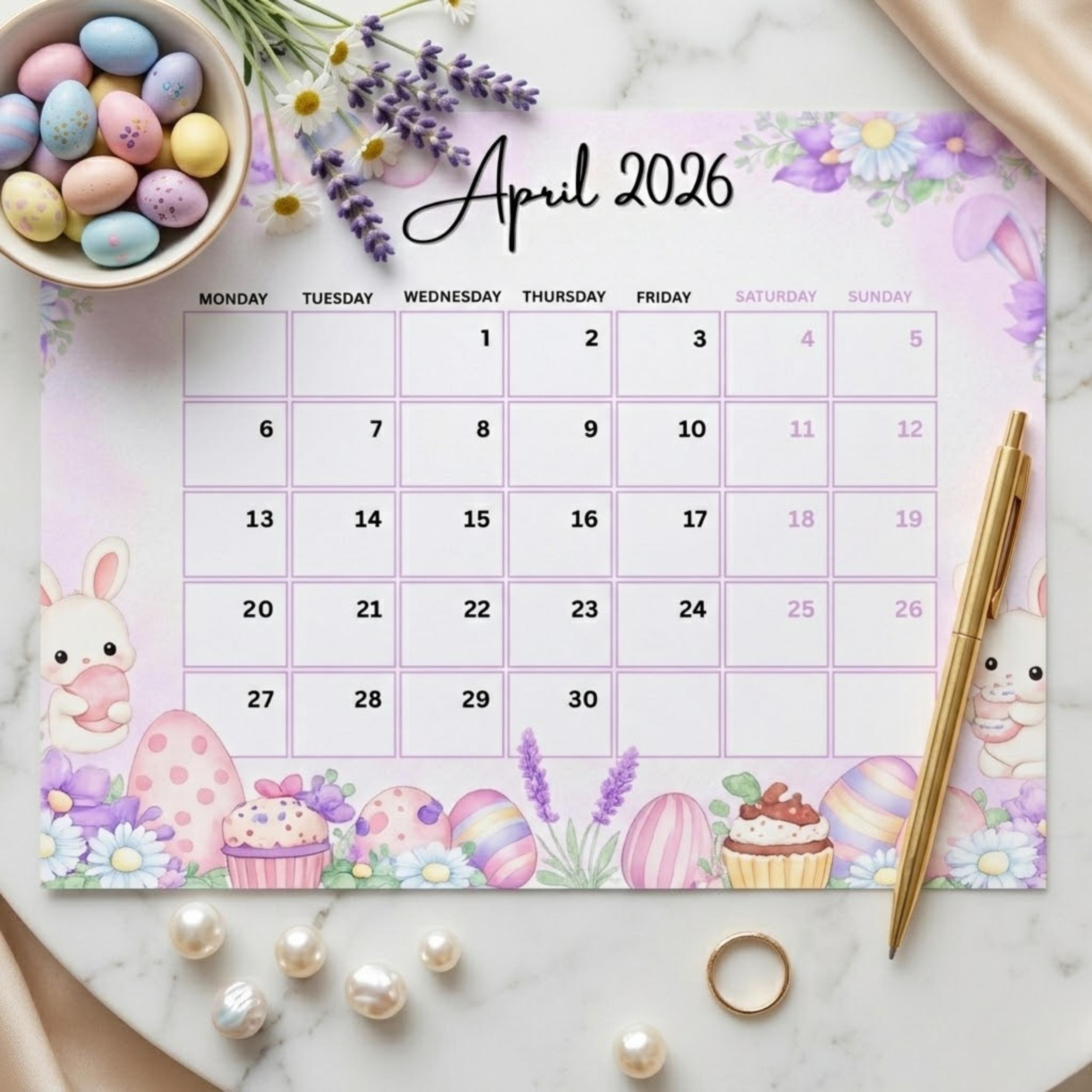 Editable April 2026 Calendar, Happy Easter Bunny Printable Planner ...