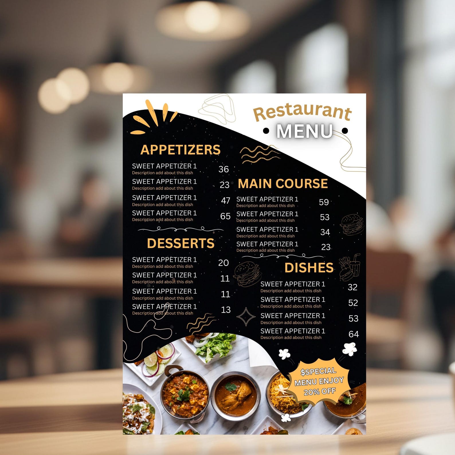 Restaurant Menu Template Editable Canva, Dark Modern Food Menu Design ...