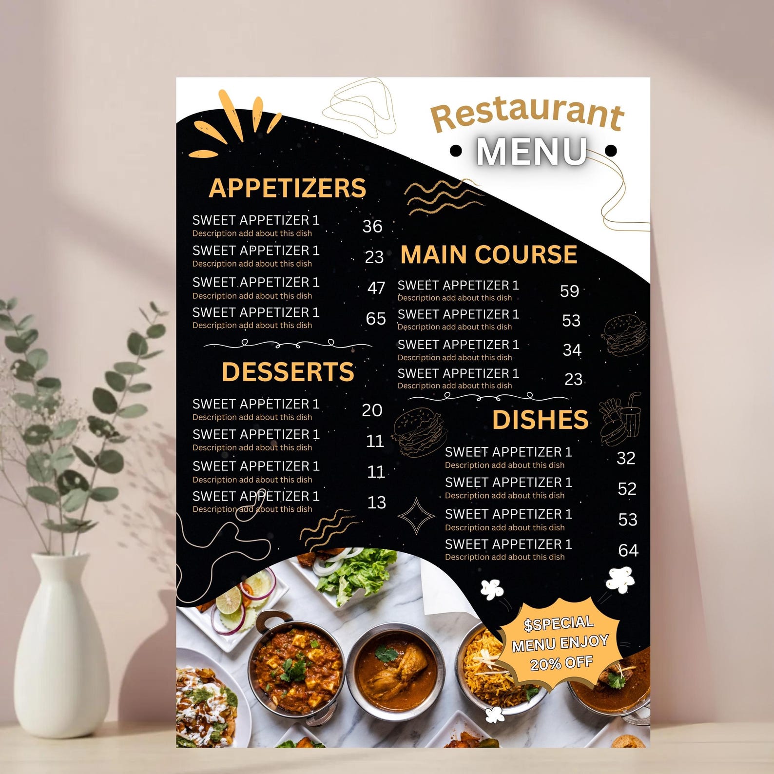 Restaurant Menu Template Editable Canva, Dark Modern Food Menu Design ...