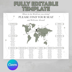 May include: A customizable seating chart template with a world map graphic. The design includes text that reads "PLEASE FIND YOUR SEAT and Welcome Aboard!" and lists names under various country headings. The Canva logo is visible.