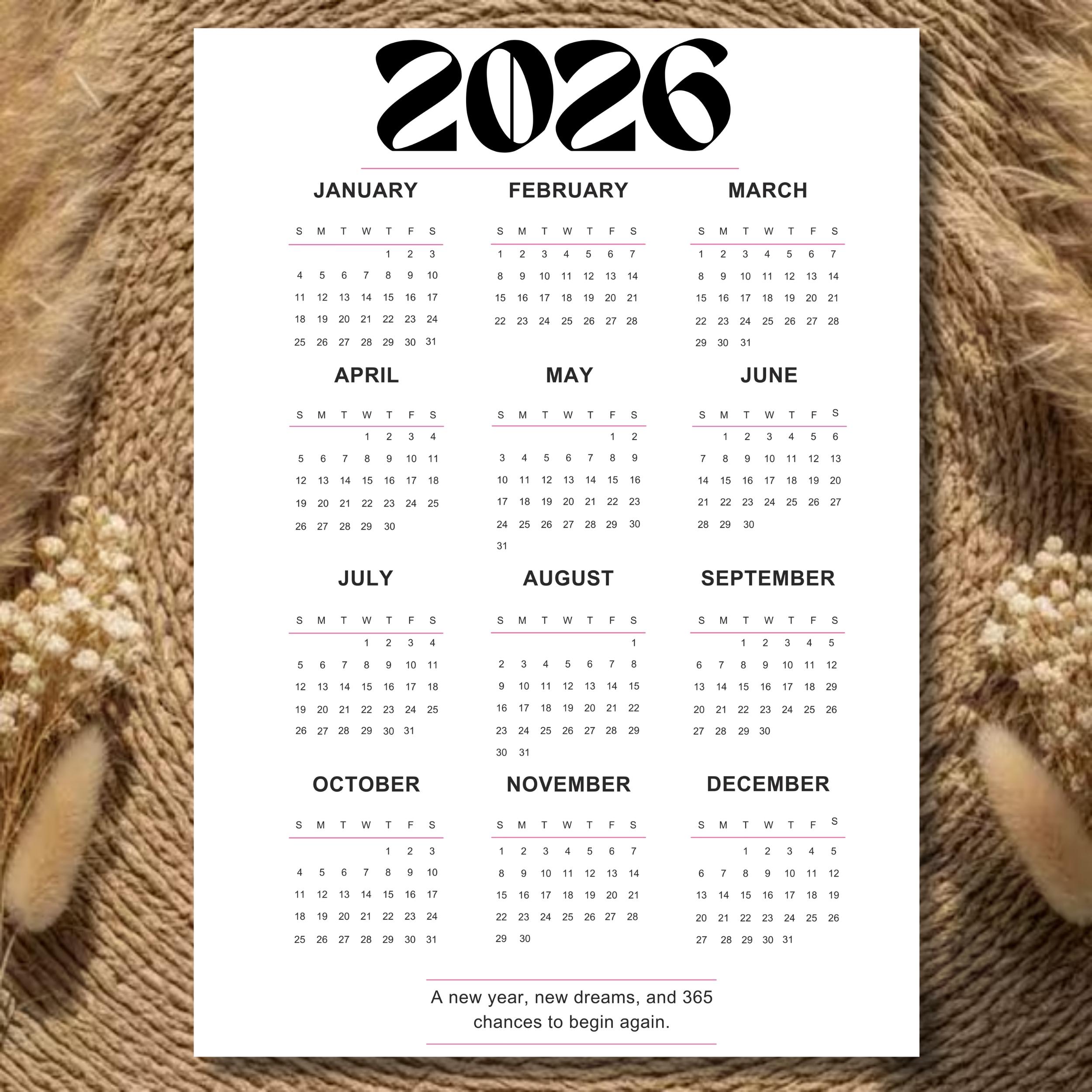 2026 Year at a Glance Calendar Printable, Minimalist One Page Wall ...