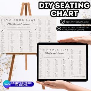 Könnte beinhalten: Ein DIY-Sitzplan mit dem Text "Find Your Seat" und den Namen "Martin and Emma". Die Tabelle wird auf einer Staffelei und einem Tablet angezeigt. Der Text "Sofortiger Download" und "Einfach in Canva zu bearbeiten" sind ebenfalls sichtbar.