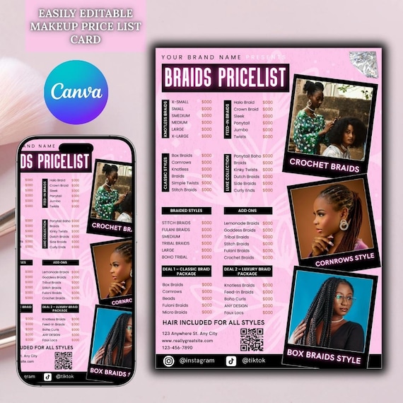 Editable Braids Price List Template: Canva Salon Menu Design