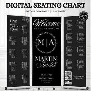 May include: Black and white wedding seating chart with the text "Digital Seating Chart" and "Instant Download | Easy to Use". The chart includes the names of the wedding party and guests. The wedding date is 19.05.2025.