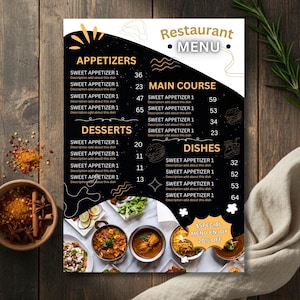 May include: Restaurant menu with a black background and white text. The menu is divided into Appetisers, Main Course, Desserts, and Dishes. The menu includes images of food and a special offer of 20% off.