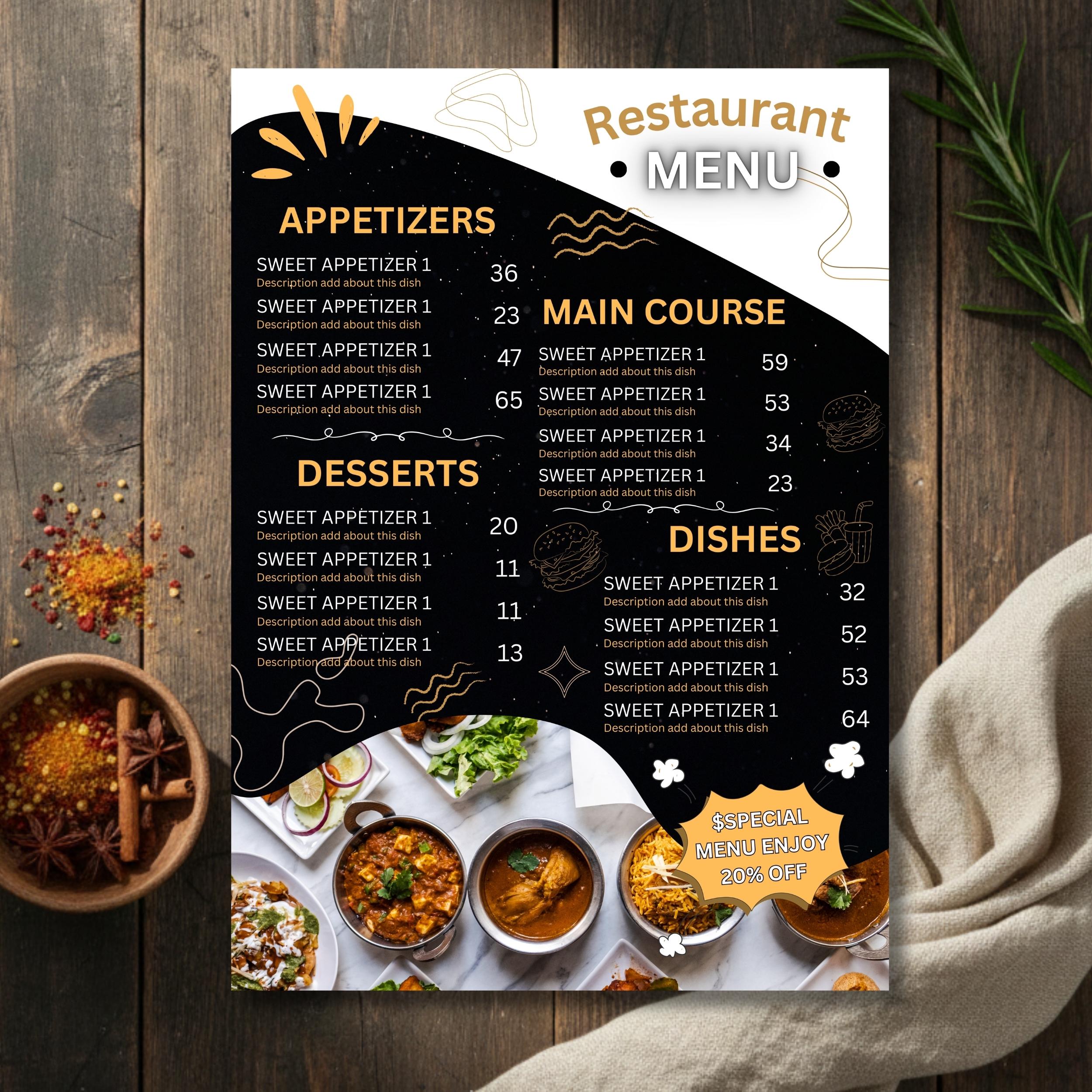 Restaurant Menu Template Editable Canva, Dark Modern Food Menu Design ...