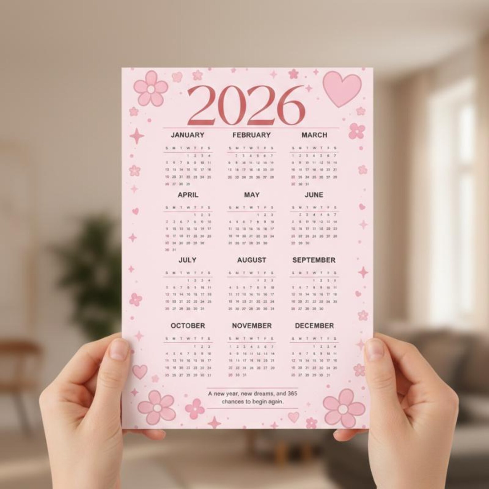 Calendário anual editável de 2026 no Canva, modelo rosa fofo para ...