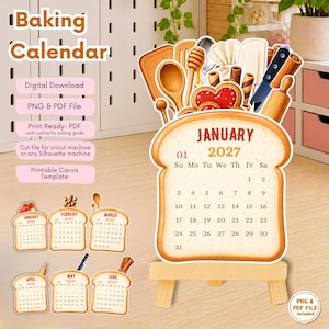 May include: A 2027 baking calendar featuring a slice of bread design with January displayed. The calendar is decorated with illustrations of kitchen tools like a wooden spoon, rolling pin, and whisk. It includes digital download text.