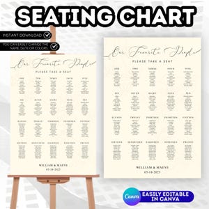 May include: Two wedding seating charts on an easel. The charts are cream-colored with elegant script and floral accents. The text reads "Seating Chart," "Our Favorite People," and guest names. The date is 05-10-2025. The Canva logo is visible.