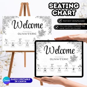 May include: A black and white wedding seating chart with the word "Welcome" in elegant script. The chart includes the wedding details of Olivia and Eric, along with a timeline of events. The design features floral accents and is easily editable in Canva.