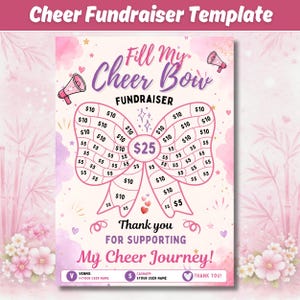 May include: Pink and purple cheerleading fundraiser template with a bow design. The text reads "Fill My Cheer Bow Fundraiser" and "Thank you for supporting My Cheer Journey!" with spaces for donations.