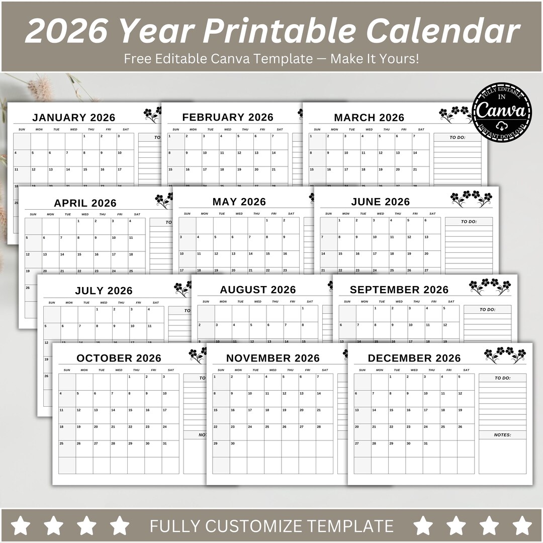 2026 Kalender, 2026 Monatsplaner PDF, Eleganter Monatskalender, Sonntag