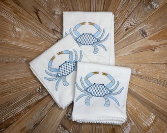 Blue Crab Embroidered Hand Towel - Coastal Kitchen Decor, Beach House Gift