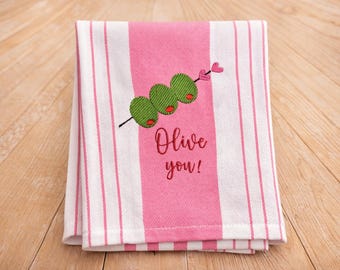 Valentine’s Day “Olive You” Embroidered Dish Towel - Adorable Olive Skewer Design, Romantic Kitchen Gift