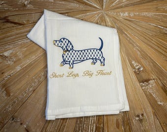 Embroidered Dachshund Flour Sack Towel – Blue Argyle Weiner Dog Kitchen Decor