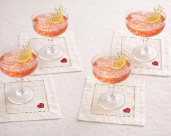 Embroidered Linen Valentine's Cocktail Napkins - Set of 4, Red Heart Hemstitch