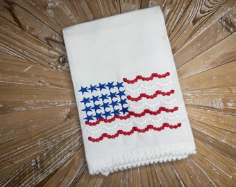 Embroidered American Flag Kitchen Towel - Patriotic Red White Blue Dish Towel
