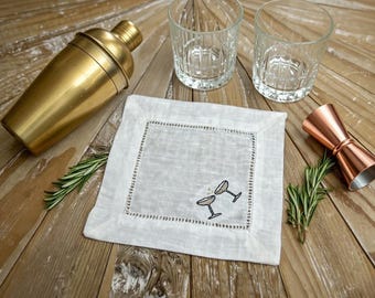 Embroidered Linen Cocktail Napkins, Martini Cheers, Set of 4 White Hemstitch