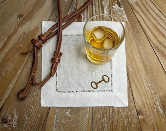 Embroidered Linen Cocktail Napkins - Gold Horse Bit Design, Set of 4