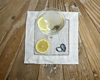 Embroidered Oyster Shell Linen Cocktail Napkins - Coastal Table Decor, Set of 4