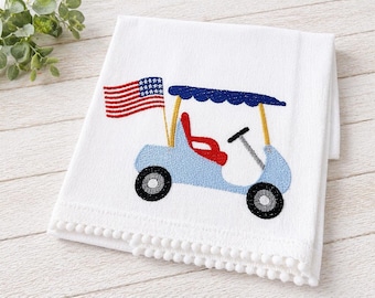 Embroidered Golf Cart Tea Towel – American Flag Patriotic Kitchen Decor