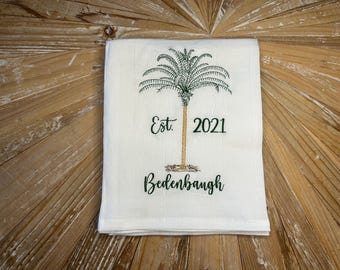 Personalized Palm Tree Flour Sack Towel - Embroidered Coastal Kitchen Towel