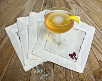 Embroidered Linen Cocktail Napkins, Red Bow, Set of 4