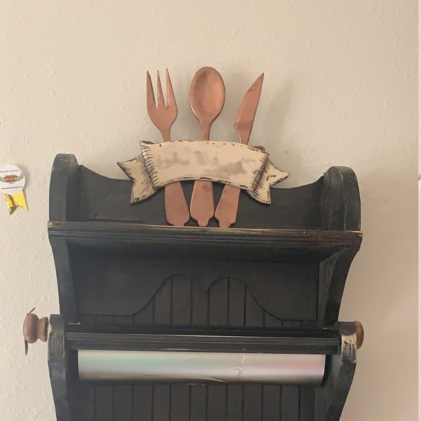 Vintage Inspired Distressed Black French Paper Rack Dispenser for paper towels, plastic rap and aluminum foil cutters.