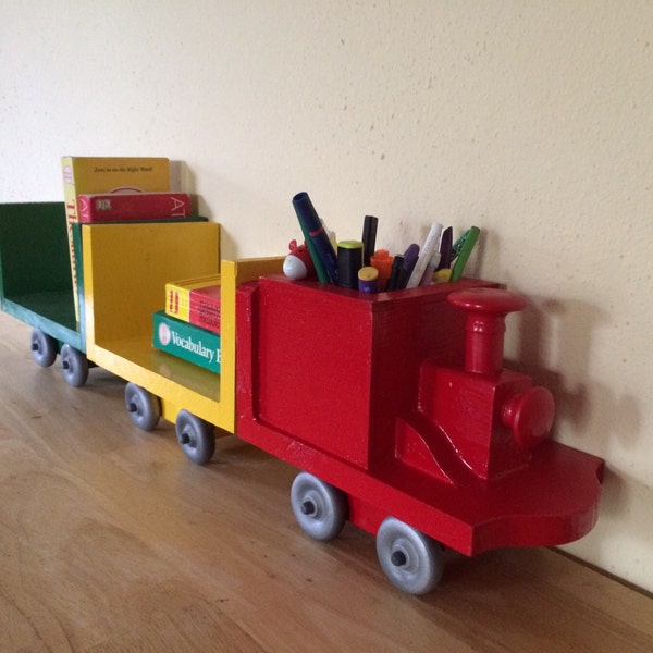 One Locomotive & three Caboose - Little train Collection Wood Bookcase, Wall and/or Desk Organizer  One train and three caboose