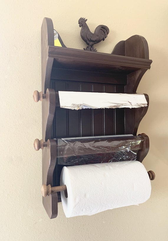 Vintage Inspired Distressed Dark Brown French Paper Rack Dispenser for Paper  Towels, Plastic Rap and Aluminum Foil Cutters. 