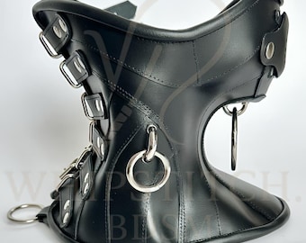 Steampunk Leather Posture Collar Neck Corset with 6 Buckles & O-Rings – Adjustable Gothic collar Harness