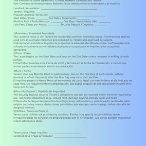 Puede incluir: Un contrato de arrendamiento residencial bilingüe inglés-español. El documento incluye secciones para información del arrendador y el inquilino, detalles de la propiedad, renta y depósito de seguridad. Texto sobre fondo azul claro.