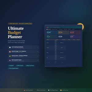Peut inclure: Graphique numérique promouvant "Ultimate Budget Planner" pour Google Sheets et Excel. Le design présente un fond bleu foncé avec un ordinateur portable affichant un tableau de bord budgétaire. Le texte comprend "2026 Edition" et des détails sur les fonctionnalités du planificateur.