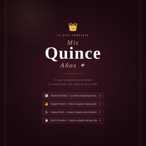 Puede incluir: Una guía imprimible de color burdeos para una celebración de Quinceañera. La guía incluye una lista de verificación maestra, un rastreador de presupuesto, un plano de asientos y una línea de tiempo del día. El texto está en español.