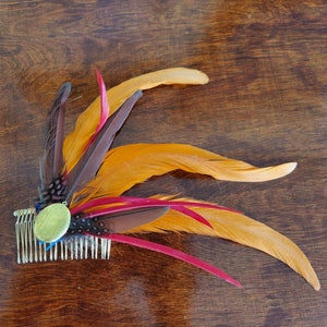 Orange, Brown and Red Feather Fascinator on Gold Comb, &quot;Evangeline&quot;