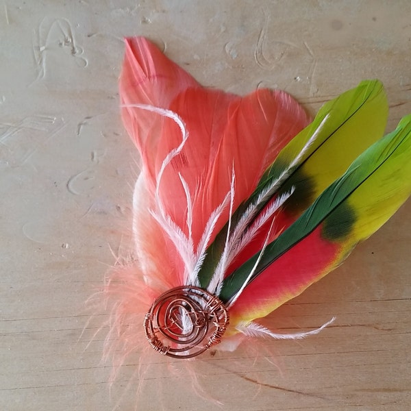 Coral and Lime Parrot Feather Fascinator, with Copper Accent, "Dahlia"