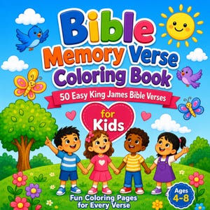 Può includere: Un libro da colorare con versetti biblici per bambini contenente 50 facili versetti della Bibbia di Re Giacomo. La copertina mostra quattro bambini che si tengono per mano in un prato con un albero, farfalle, un uccellino blu, uno viola e il sole.