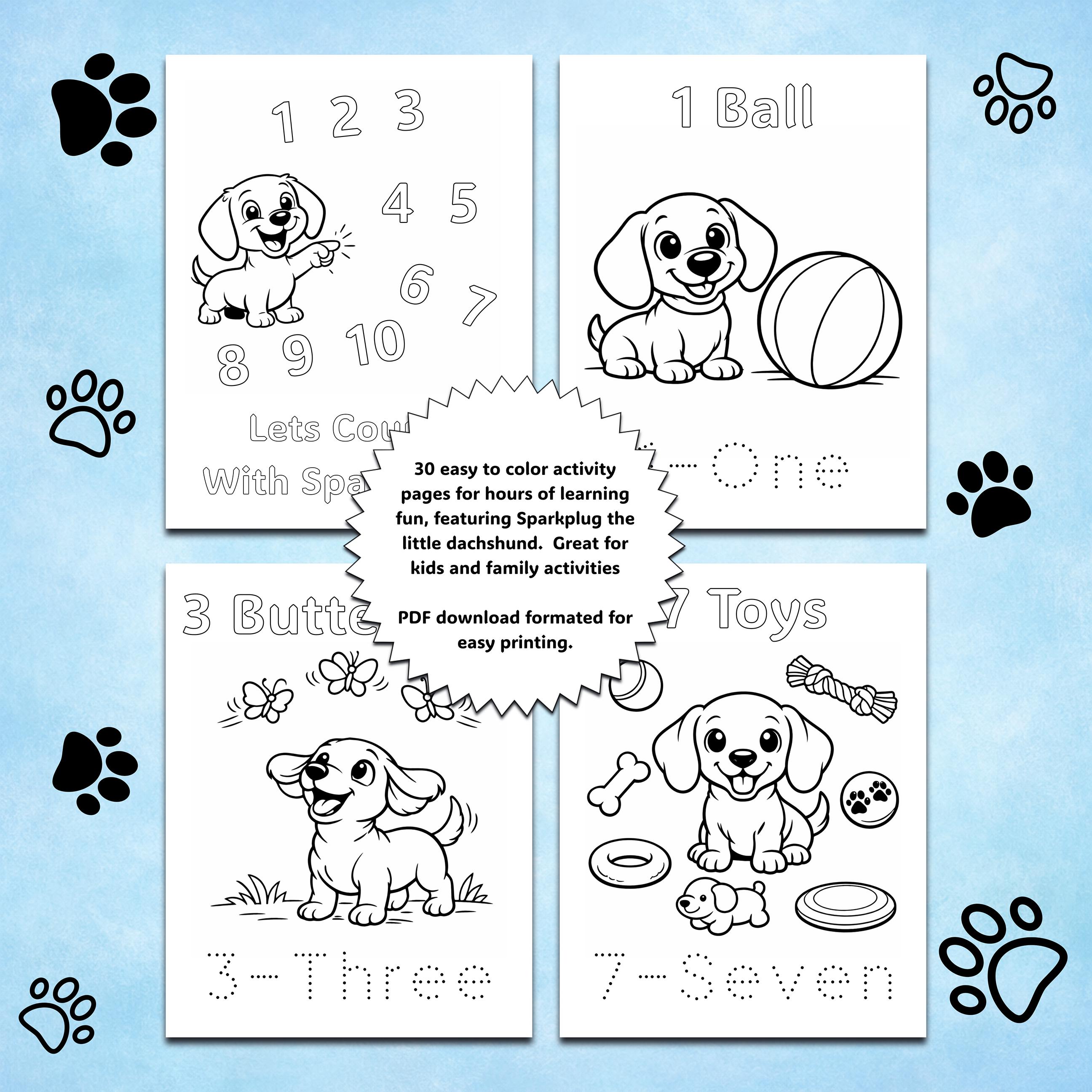 Dachshund Coloring Activity Book, 30 Pages, Learn to Count, Early Math ...