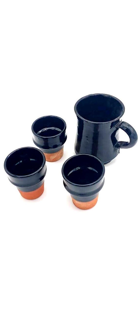 Moroccan Handmade Set Black and Terracotta Ceramic Pitcher with 3 Cups Moroccan Handmade Set Black and Terracotta Ceramic Pitcher with 3 Cups