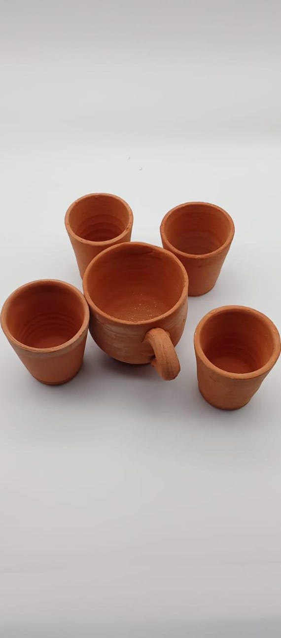 Set of 5 Terra Cotta Pottery - Hand-Thown Clay Mug and Goblets - Handmade Tableware - Rustic Home Decor Gift