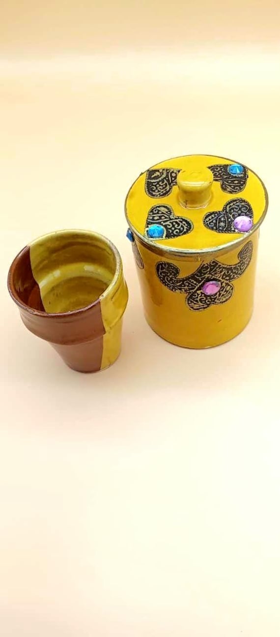 Moroccan Ceramic Handcrafted Pot with Matching Cup - Handmade, Traditional Decor