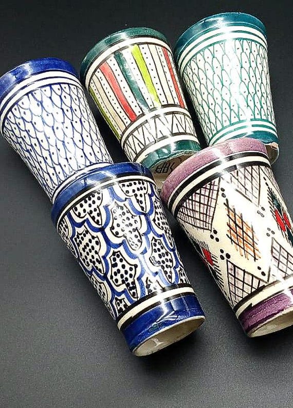 Set of 5 Moroccan Ceramic Tea Cups with 2 Additional Coffee Cups Gift Set Set of 5 Ceramic Cups Moroccan Tea Cups 2 Free