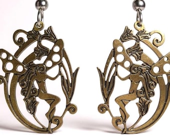 Vintage Fairy Silhouette Earrings – Brass Tone Art Nouveau Dangle Jewelry, Whimsical Woodland Style