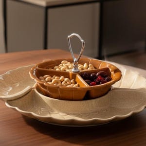 Mid-Century Lazy Susan Snack Server with Rotating Wood Base MCM Entertaining