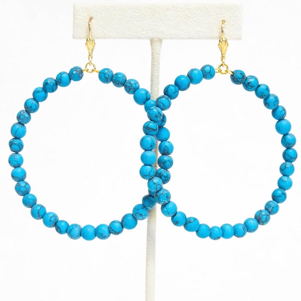 Large Genuine Matte Turquoise Hoop Earrings (2.5” diameter)