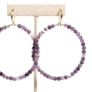 Large Genuine Matte Amethyst Hoop Earrings (2.5 inch diameter)
