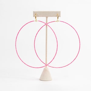 XX-Large Hot Pink Beaded Hoop Earrings (4.5 inch diameter)
