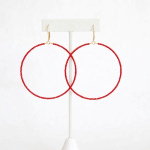 Large Red Beaded Hoop Earrings (2.5 inch diameter)