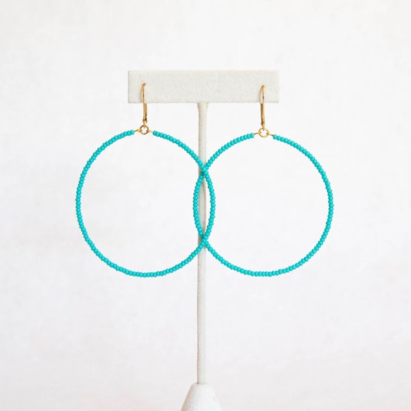 Large Turquoise Beaded Hoop Earrings (2.5” diameter)