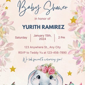 Puede incluir: Invitación a un baby shower con ilustraciones florales y de elefantes. La invitación incluye el texto "Baby Shower" y los detalles del baby shower de Yurith Ramirez el 15 de enero de 2024 a las 2 PM.